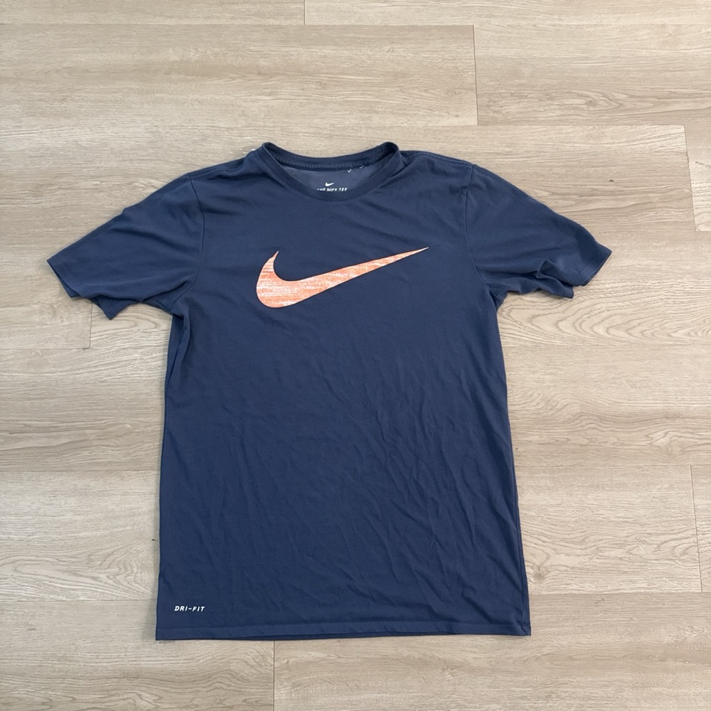 Nike Men's Navy Blue Tee with Orange Swoosh